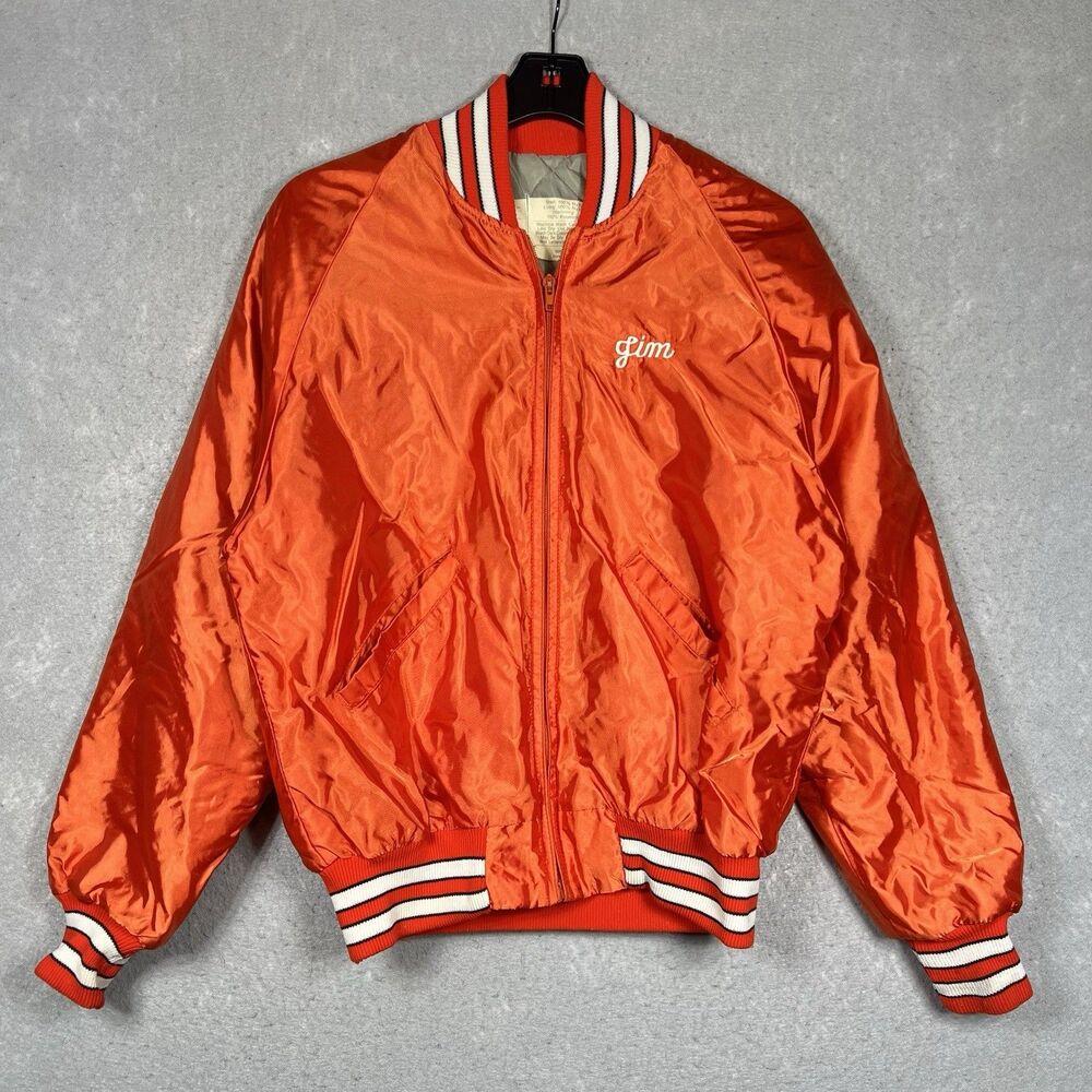 Vintage Delong Satin Bomber Jacket Men's Size Medium Orange Jim Embroidered USA